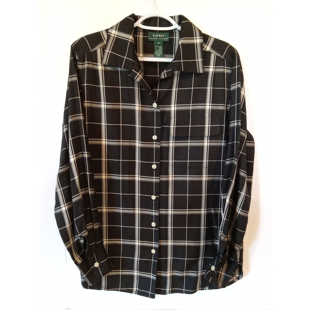 Lauren Ralph Lauren Silk Black and White Plaid Button Down Shirt